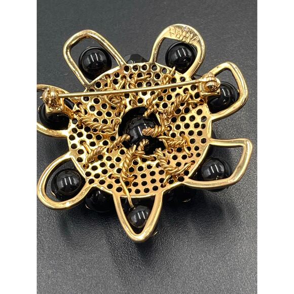 Trina Turk Signed Designer Black Beaded Gold Plated Large Cluster Brooch - Picture 8 of 9